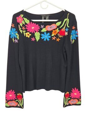 Michelle Nicole Sweater Size L Knit Floral Embroidered Colorful Boho
